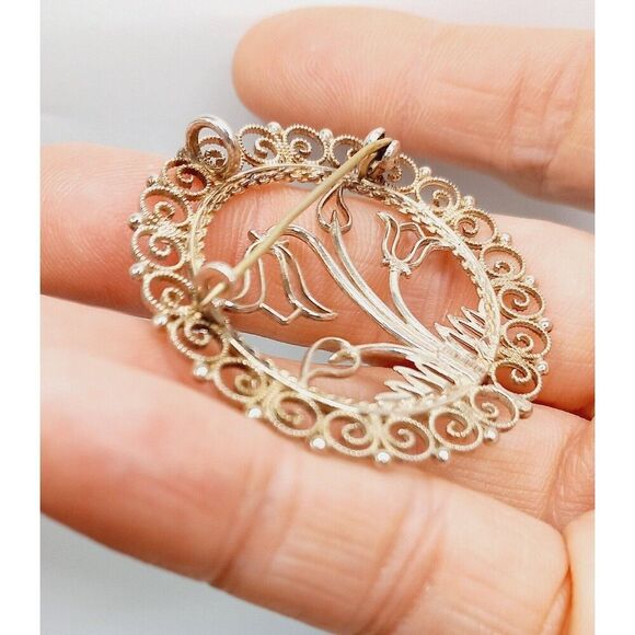 Vintage Scandinavian SYLVSMIDJA 830 Silver Filigree Tulip Flower Brooch Pendant - Picture 6 of 7